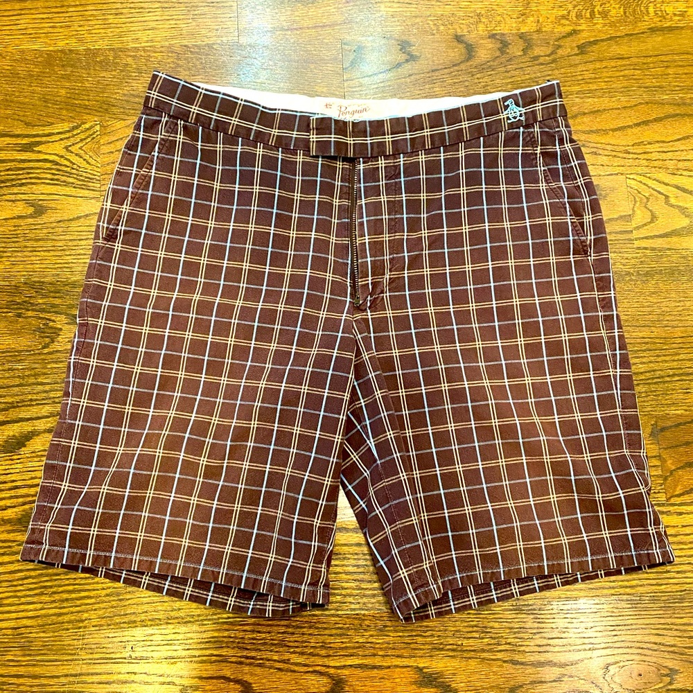 ORIGINAL PENGUIN mens brown plaid golf shorts 34 munsingwear stitched logo EUC